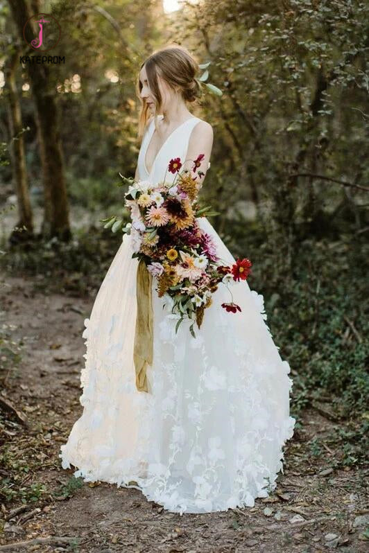 A Line V Neck Floor Length Wedding Dresses, Ivory Sleeveless Bridal Dresses KPW0499