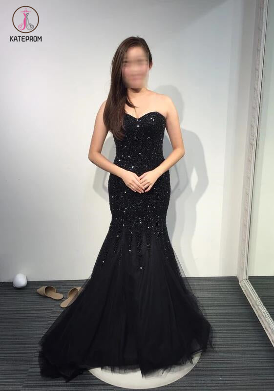 Black Strapless Sweetheart Sparkly Mermaid Tulle Prom Dresses with Sweep Train KPP0240