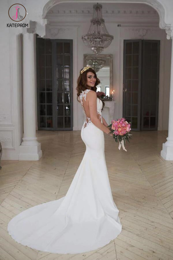Stunning See-through Mermaid Sleeveless Lace Appliques Court Train Wedding Dress KPW0124