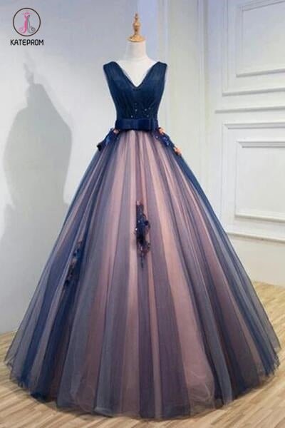 Unique Dark Blue V Neck Sleeveless Appliques Tulle Long Ball Gown Prom Dresses with Bowknot KPP0233