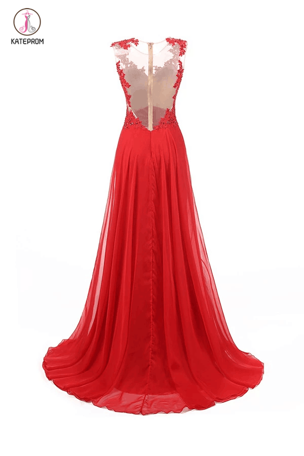 Sweep Train Chiffon Sleeveless Red Prom Dresses Evening Dress KPP0118