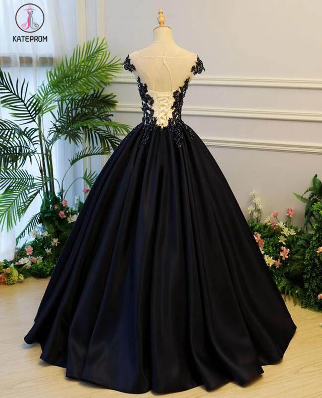 Generous Princess Cap Sleeves Scoop Black Applique Satin Long Prom/Evening Dress KPP0331