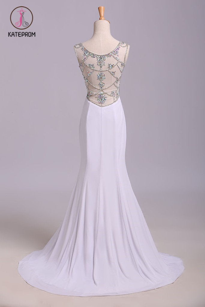 White Mermaid Sleeveless Split Prom Dress with Sequins, Sweep Train Dress with Rhinestones KPP0576