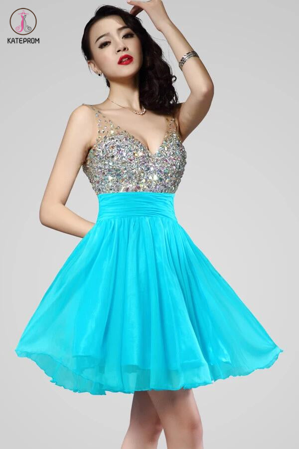 Short V-Neck Chiffon Backless Homecoming Dresses Prom KPH0013