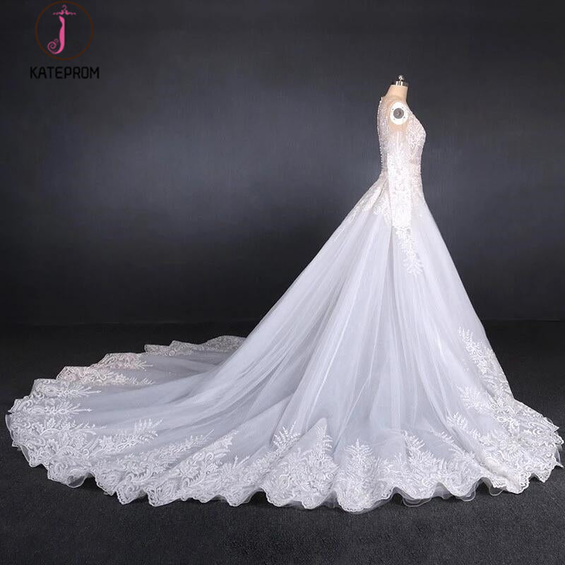 Gorgeous Long Sleeves Long Wedding Dresses, V Neck Long Bridal Dresses KPW0468