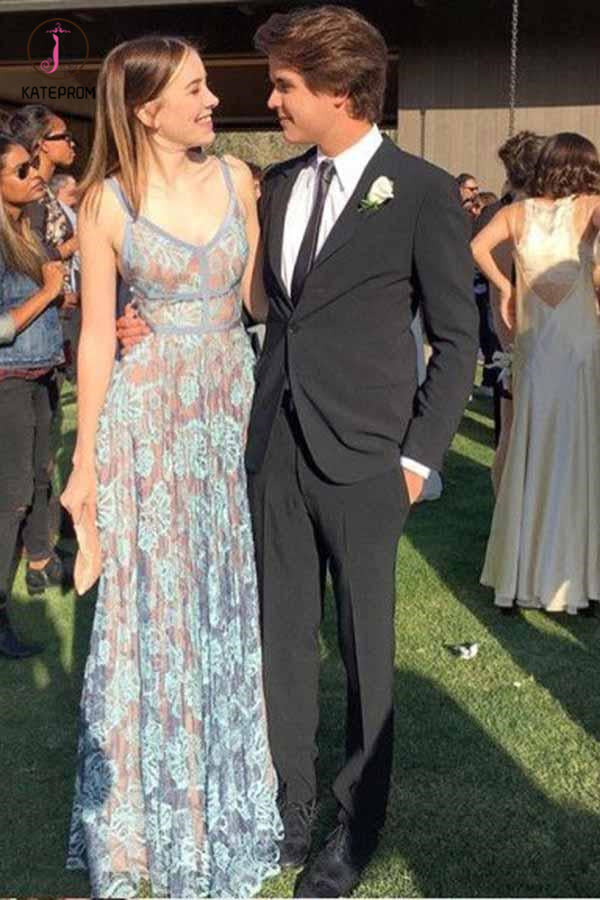 Sexy Straps V Neck Sleeveless Long Prom Dress,Lace Floor Length Evening Dress KPP0446