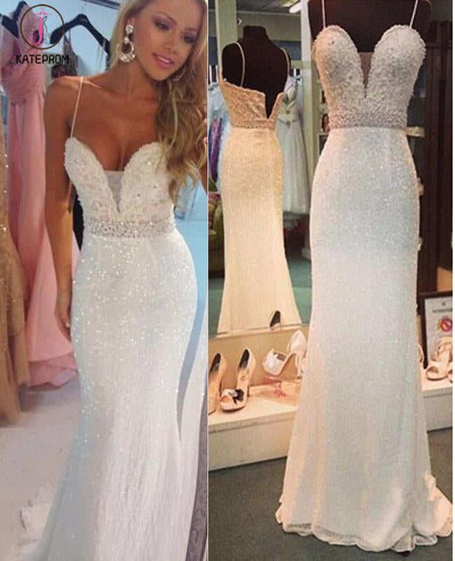 Sexy White Beaded Spaghetti Straps Mermaid Evening Party Dresses,Sparkly Prom Gown KPP0247