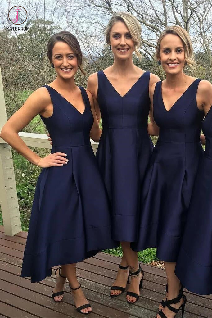 Elegant Midi Bridesmaid Dress,V-neck A-line Bridesmaid Gown,Navy Blue High Low Bridesmaid Dress KPB0042