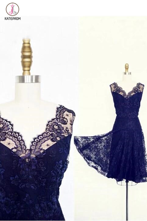 Vintage Short Lace Royal Blue Bridesmaid Dresses,V-neck Sleeveless Wedding Party Dress KPB0012