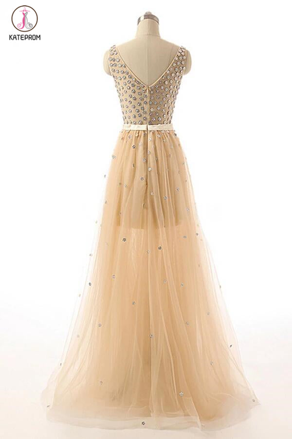 Deep V-neck Beaded Modest Long Prom Evening Dresses KPP0034