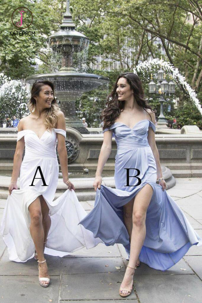 Elegant Off the Shoulder Long Chiffon Bridesmaid Dress with Side Slit, Split Bridesmaid Dress KPB0128