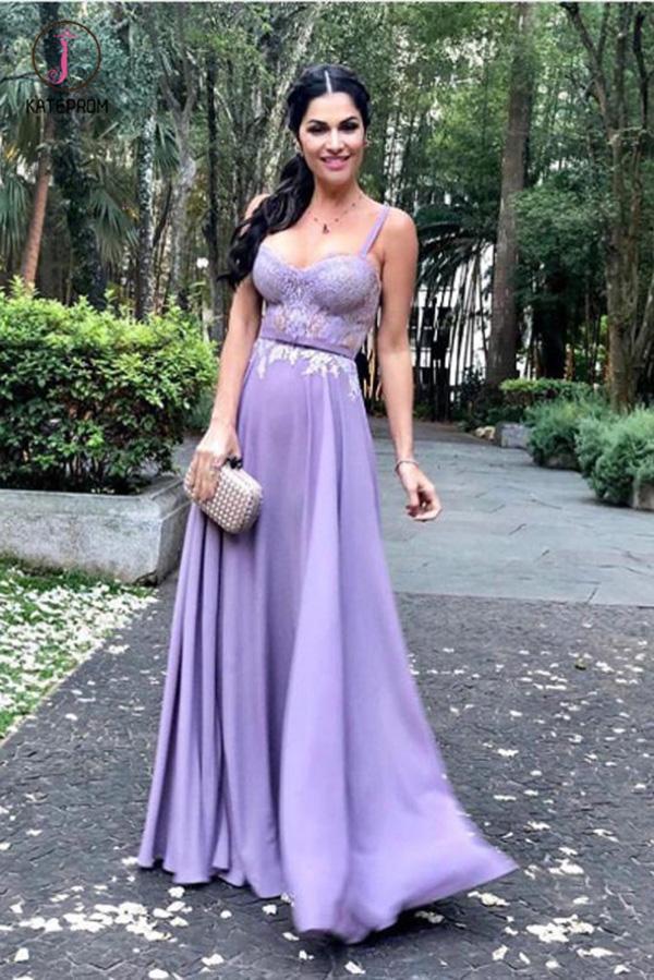 Lavender Spaghetti Strap Sleeveless Floor Length Appliqued Prom Dress, Evening Dress KPP0610