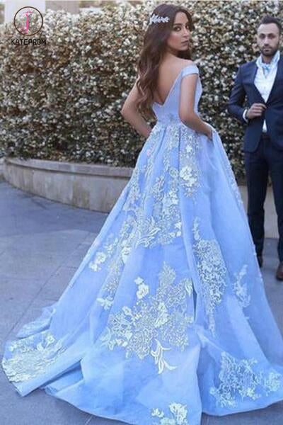 Light Blue Ball Gowns Prom Dresses,Lace Appliques Off Shoulder Big Wedding Dresses KPW0068