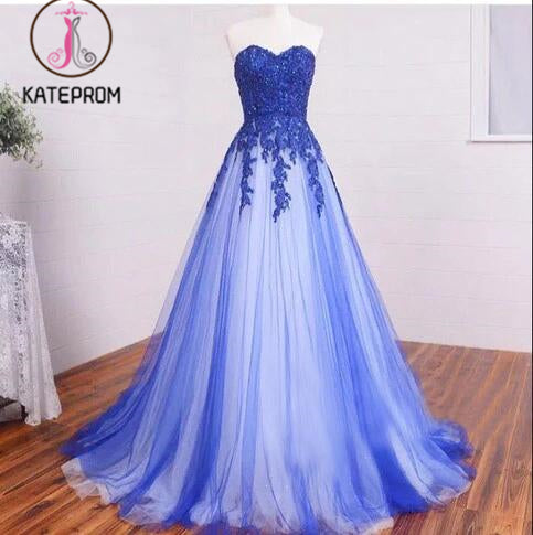 New Arrival Sweetheart Strapless Lace Appliqued Royal Blue Prom Dress,Simple Formal Dress KPP0205