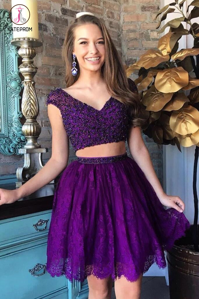Purple Beaded Bodice Cap Sleeves Homecoming Dresses,Two Piece Lace Homecoming Dress KPH0106