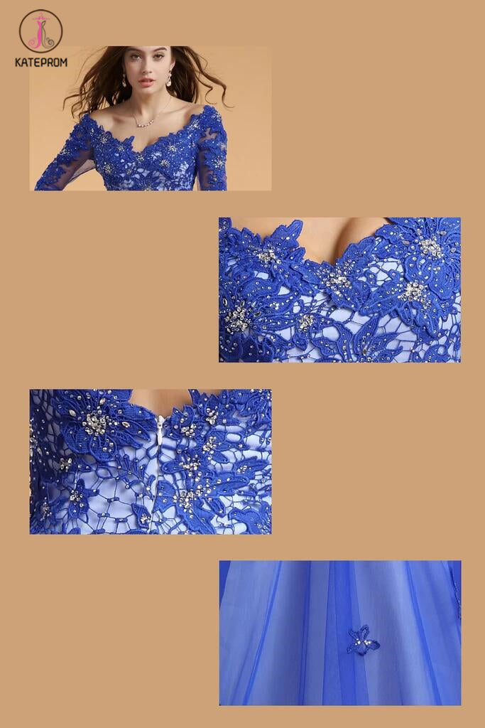 Lace V-neck Blue Half Sleeves Backless Long Prom Dresses KPP0049