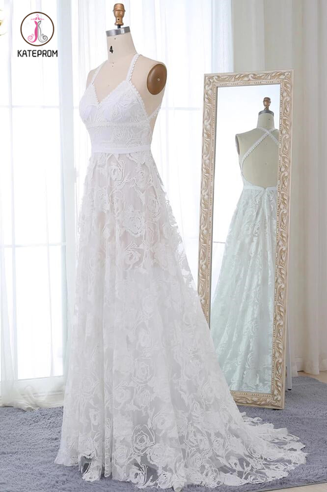 Straps Long Lace Wedding Dresses, Charming Lace Beach Wedding Dresses KPW0461