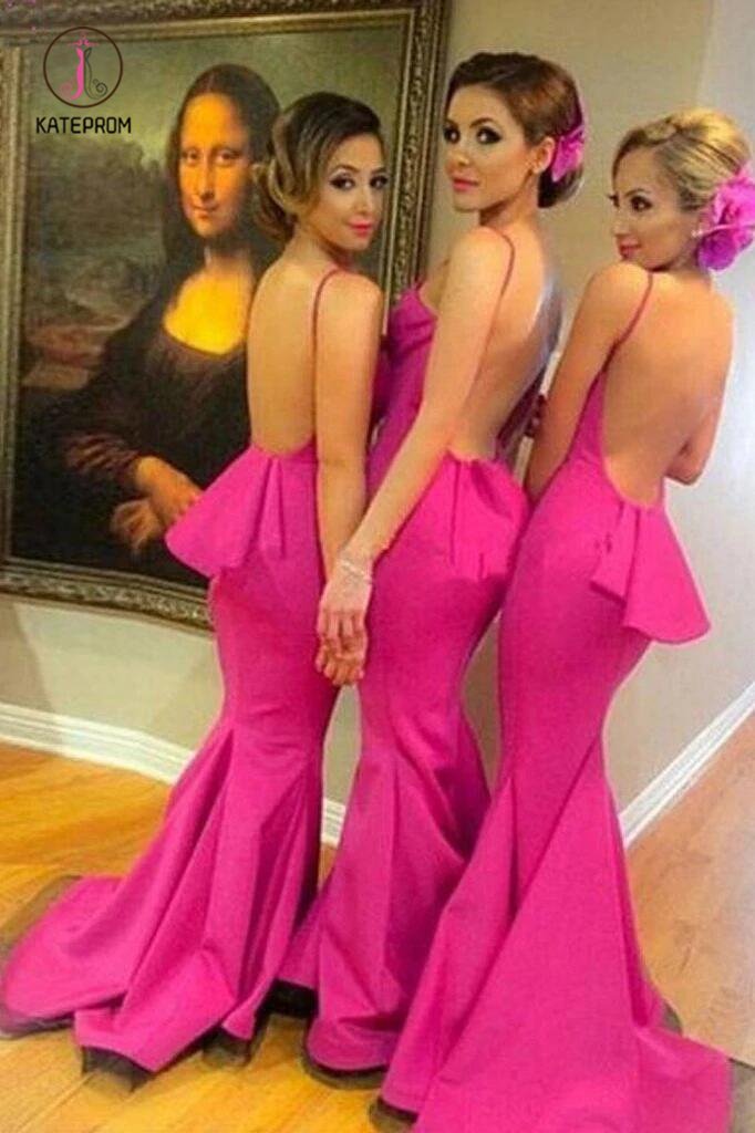 Sexy Backless Fuchsia Mermaid Bridesmaid Dresses, Unique Straps Bridesmaid Dress KPB0132