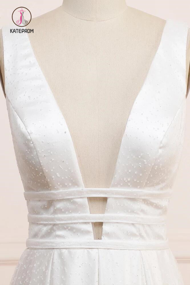 Deep V Neck Sleeveless Bridal Dress, Backless Long A Line Wedding Dresses KPW0460