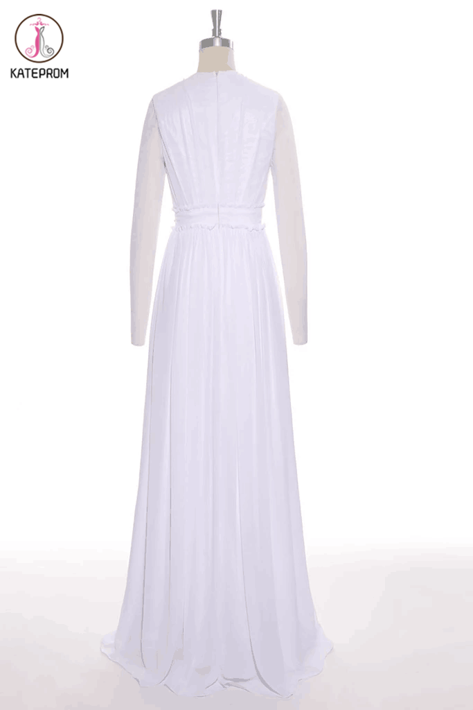 Simple White Chiffon Deep V-neck Long Wedding Dresses KPW0009