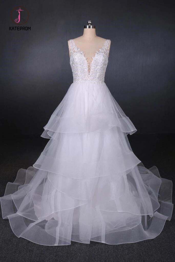 Unique V Neck Sleeveless Tulle Wedding Dresses, Asymmetrical Long Bridal Dresses KPW0470