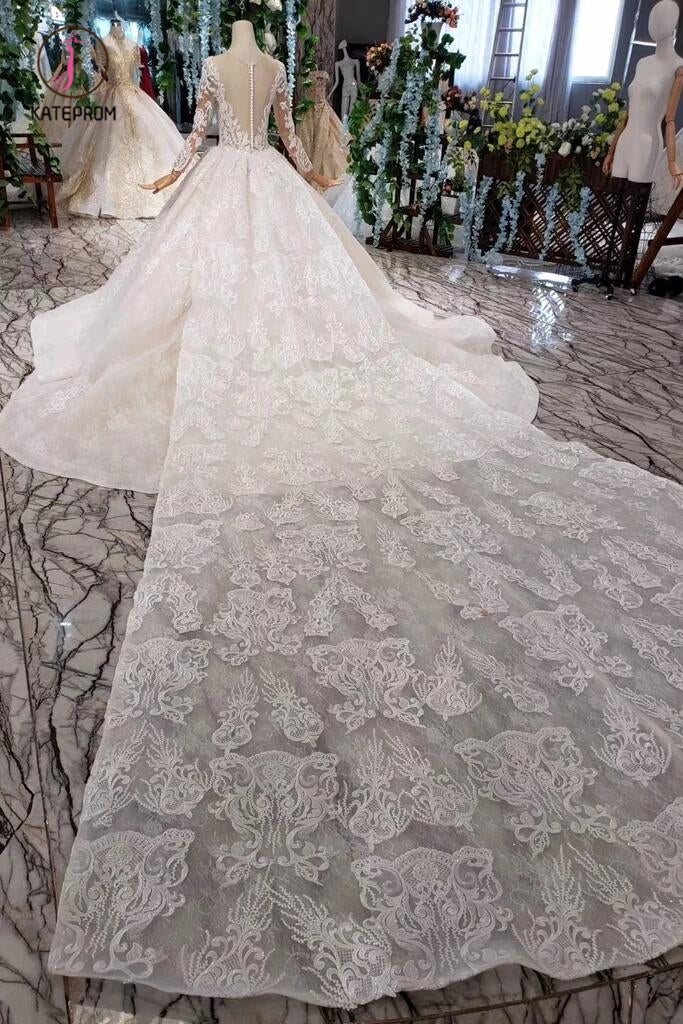 Princess Long Sleeves Sheer Neck Ball Gown Lace Wedding Dresses, Long Bridal Dress KPW0398