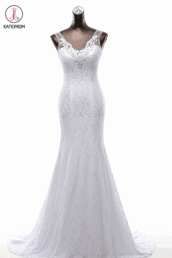 Mermaid V-neck Sweep Train Lace Wedding Dress with Beading KPW0016