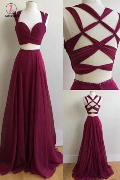 Sexy Two Pieces Sleeveless Sweetheart Band Chiffon Criss-Cross Straps Prom Dresses KPP0343
