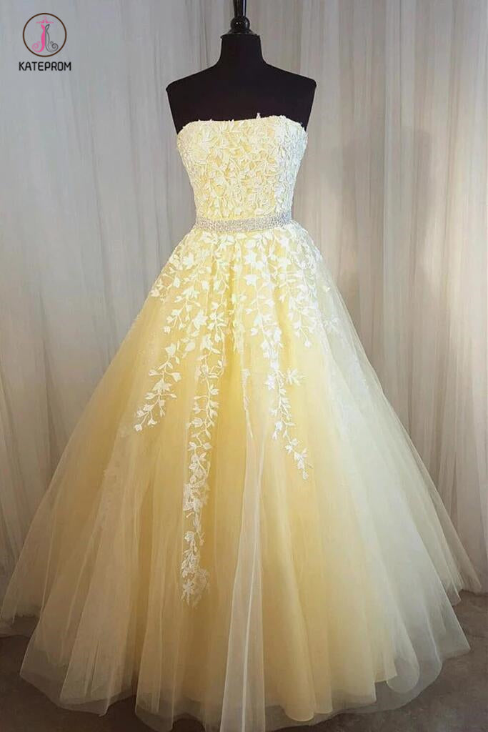 Princess Sky Blue Strapless A-line Tulle Floor-length Prom Dress with White Appliques KPP0325