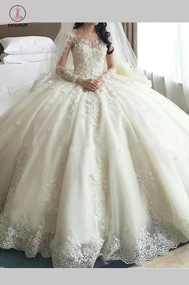 Gorgeous ivory Lace Appliques Long Sleeves Ball Gown Wedding Dress KPW0168