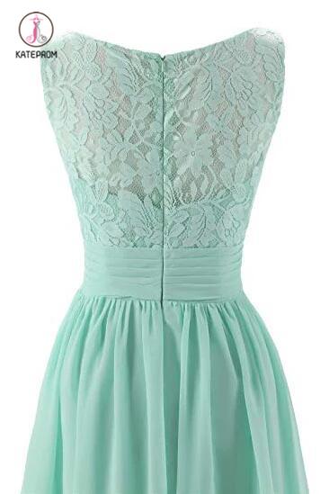 Mint Green V Neck Long Bridesmaid Dress with Lace, Simple Pleated Long Bridesmaid Dress KPB0186