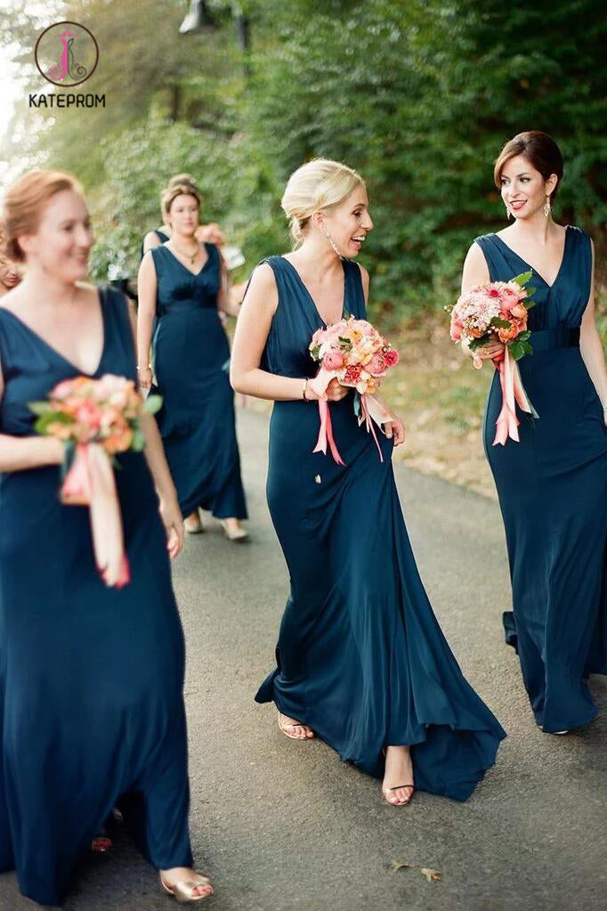 Unique V Neck Sleeveless Bridesmaid Dress, Modern Long Bridesmaid Dress with Pleats KPB0130