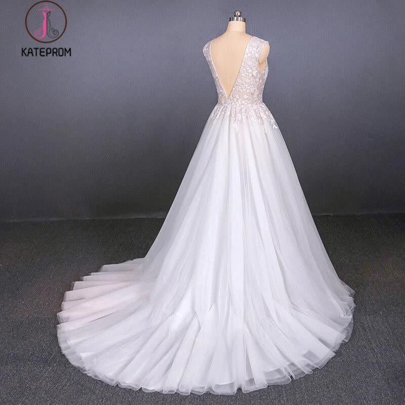 Sexy V Neck Tulle Wedding Dress with Lace Appliques, A Line Backless Bridal Dress KPW0467