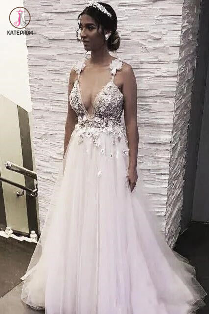 Deep V-neck Beading Prom Dresses,Straps Tulle Appliques A-line Custom Beach Wedding Dress KPW0033