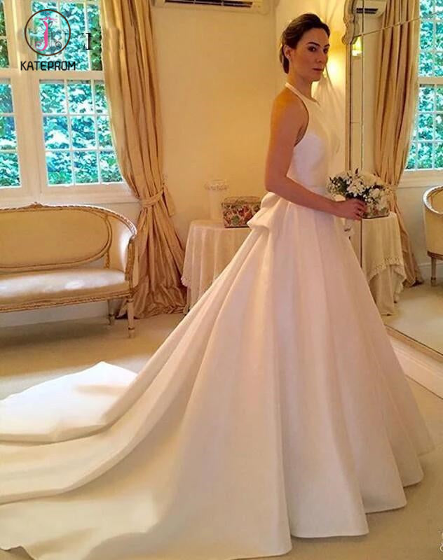 A Line Halter Satin Wedding Dress, Simple Backless Sleeveless Bridal Dress with Bow KPW0326