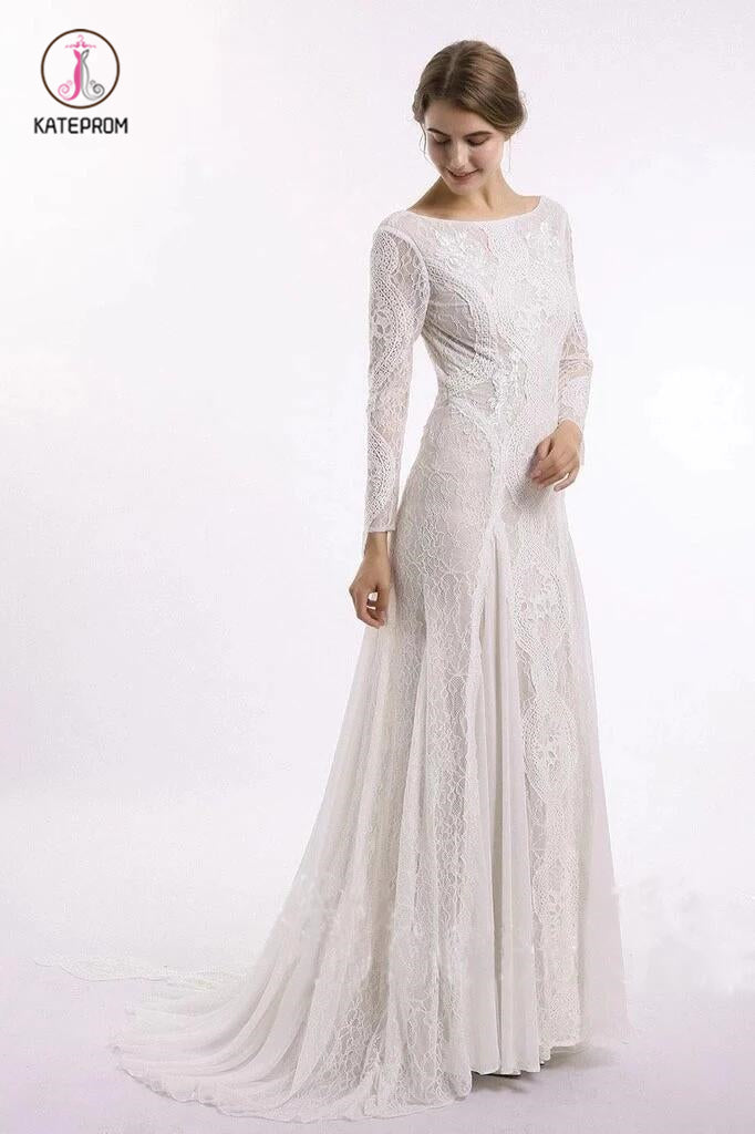 Column Lace Bridal Dress, Long Sleeves Backless Boho Beach Wedding Dresses KPW0412