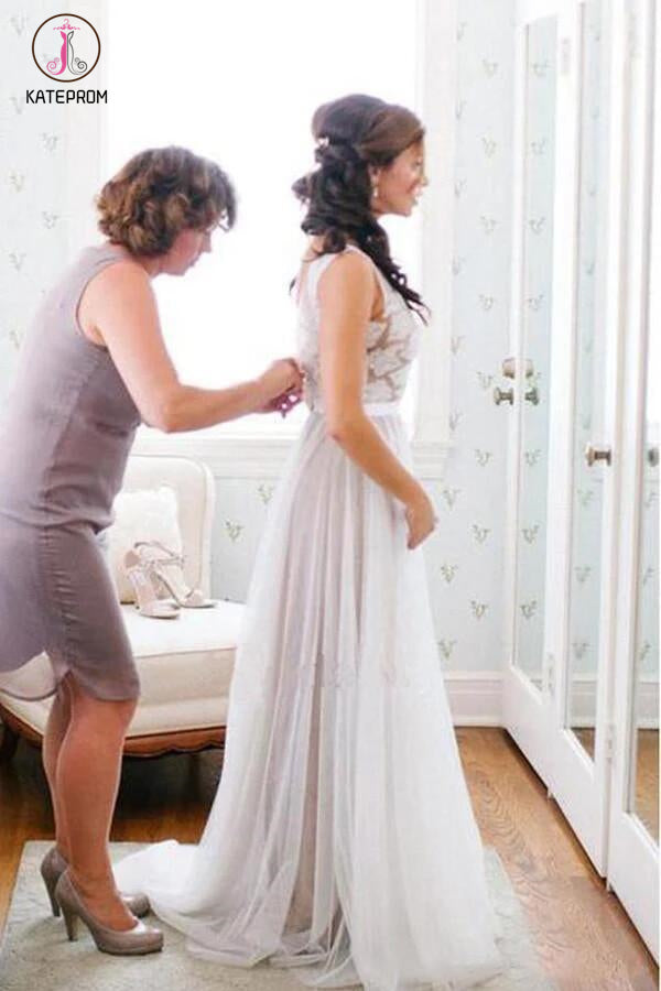 Elegant A Line Scoop Neck Sleeveless Lace Tulle Beach Wedding Dress,Bridal Gown KPW0122