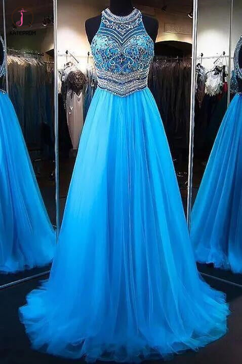 A-Line Blue Tulle Jewel Sleeveless Beading Tulle Dresses,Sweep Train Party Dress KPP0430