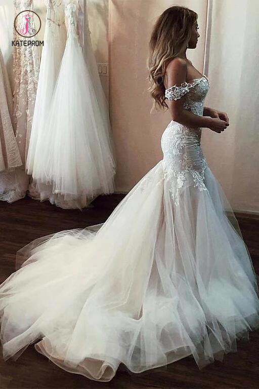 Off the Shoulder Mermaid Wedding Dress with Lace, Long Tulle Bridal Dress with Train KPW0299