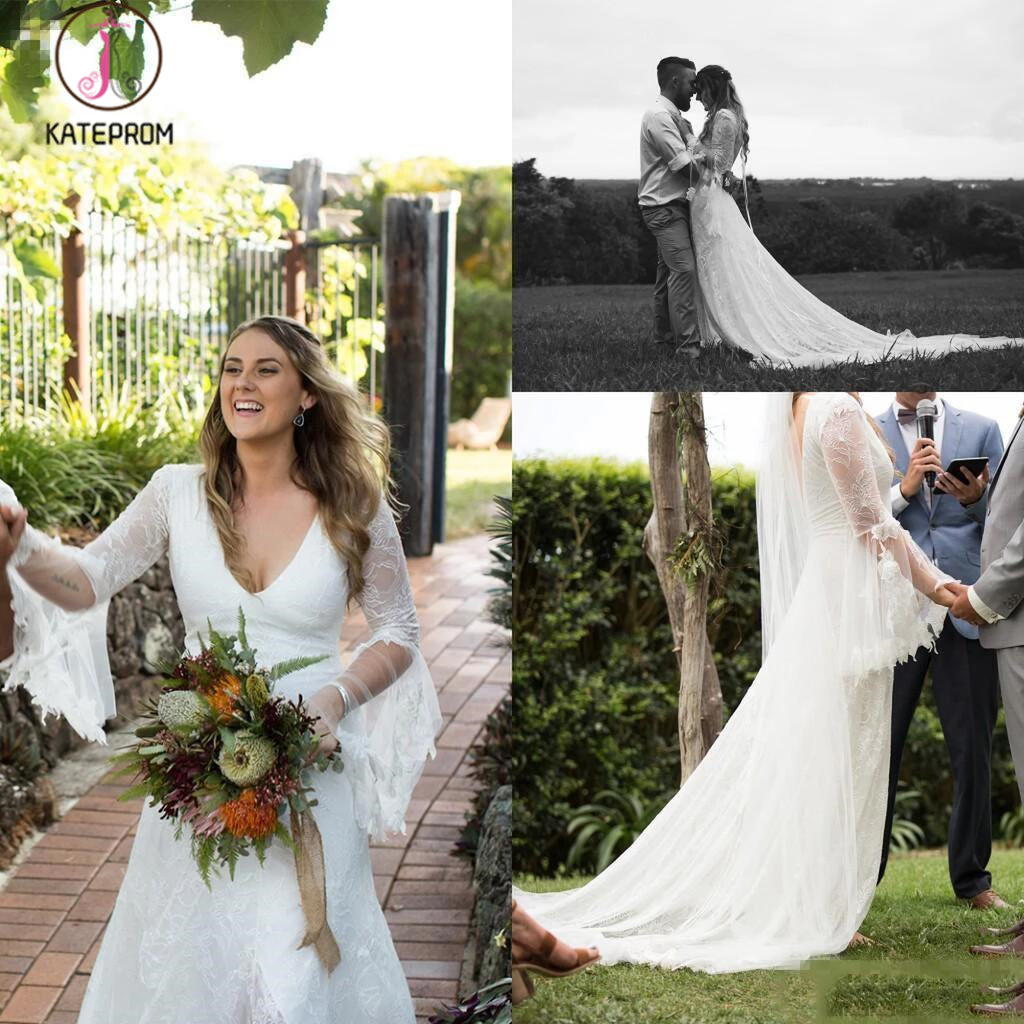 Boho V Neck Beach Wedding Dress with Long Sleeves, Unique Lace Wedding Dresses KPW0394