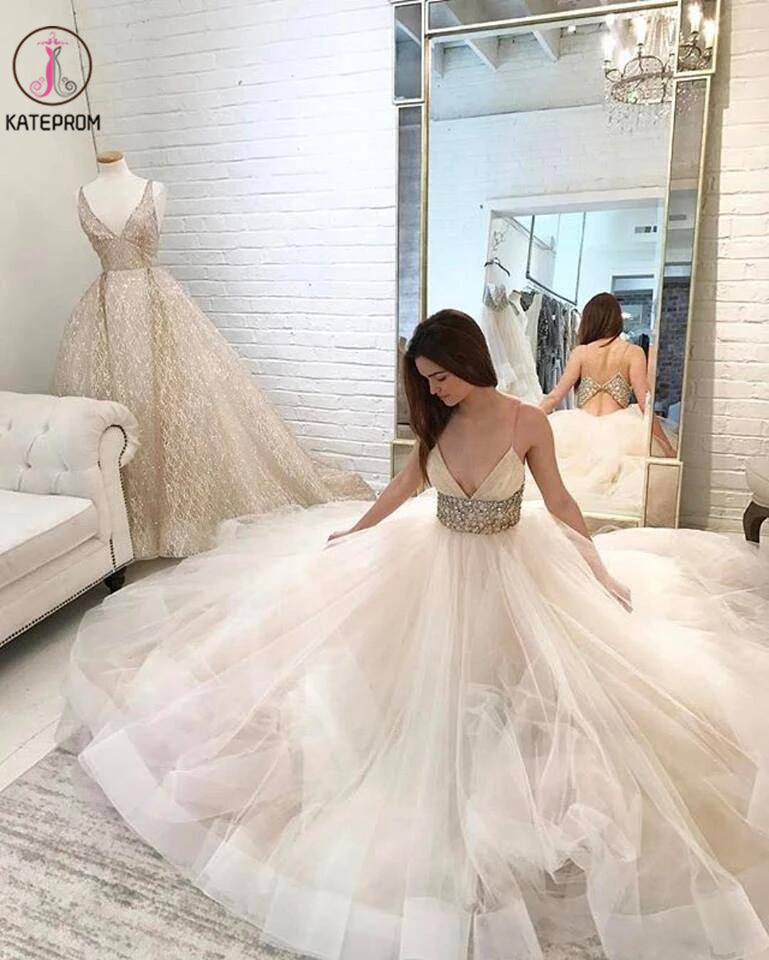 Spaghetti Straps Ivory Beaded Bridal Dress,Ball Gown V-neck Bridal Gown,Tulle Wedding Gowns KPW0043