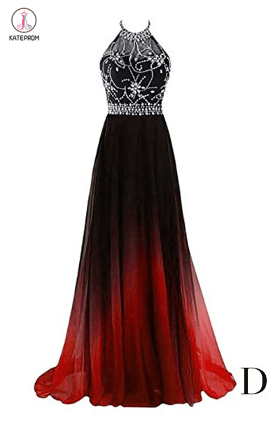 A-line Halter Gradient Chiffon Long Prom Dress Ombre Beads Evening Dresses KPP0209