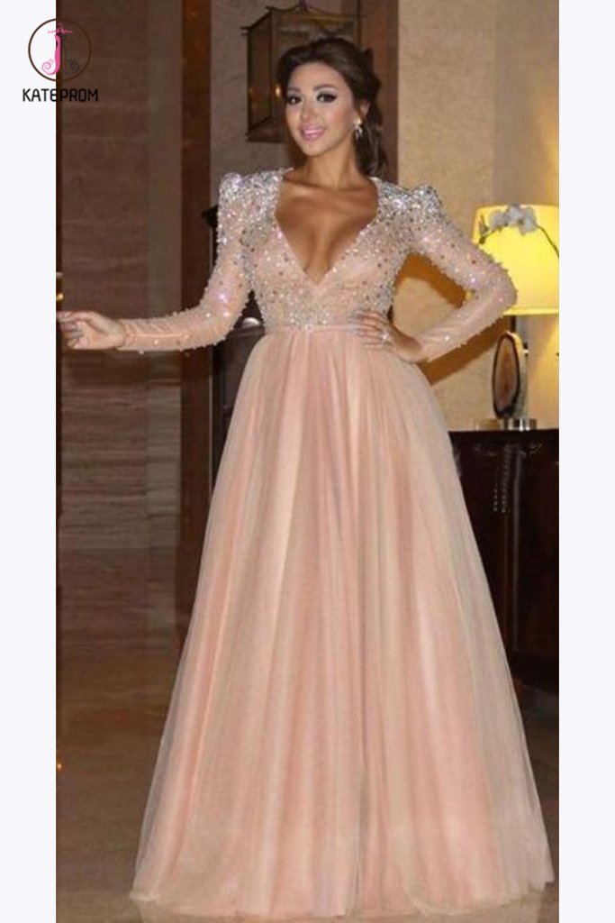 Elegant Long Sleeve Formal Dress with Beads, A Line Sparkle V Neck Evening Dresses KPP0508