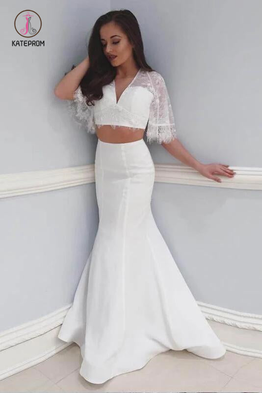 Two Piece Beach Wedding Dress with Lace, 2 Piece Mermaid V Neck Prom Dresses KPW0377