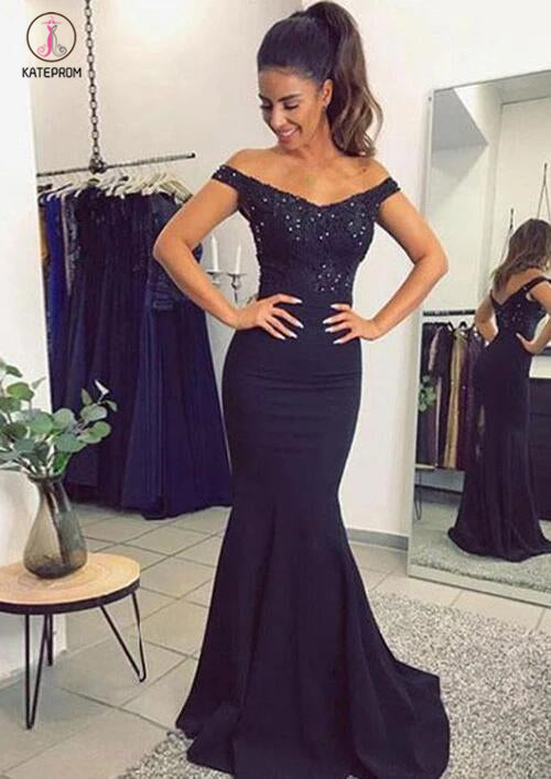 Navy Blue Off The Shoulder Mermaid Stretch Evening Dresses with Lace Beads KPP0383