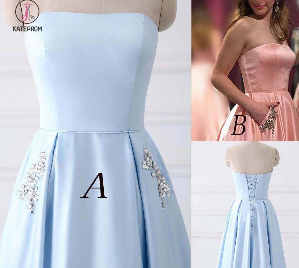 Light Blue Strapless Satin Floor-length Prom Dress With Beaded Pockets Lace Up Back KPP0365