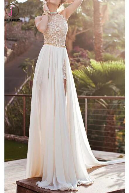 A-line Halter High Neck Lace Ivory Beach Wedding Dress,Prom Dresses KPW0021