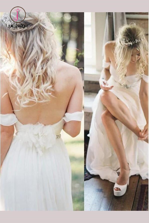 Simple Off the Shoulder Beach Wedding Dress with Beading Waist, Ivory Wedding Dress KPW0287