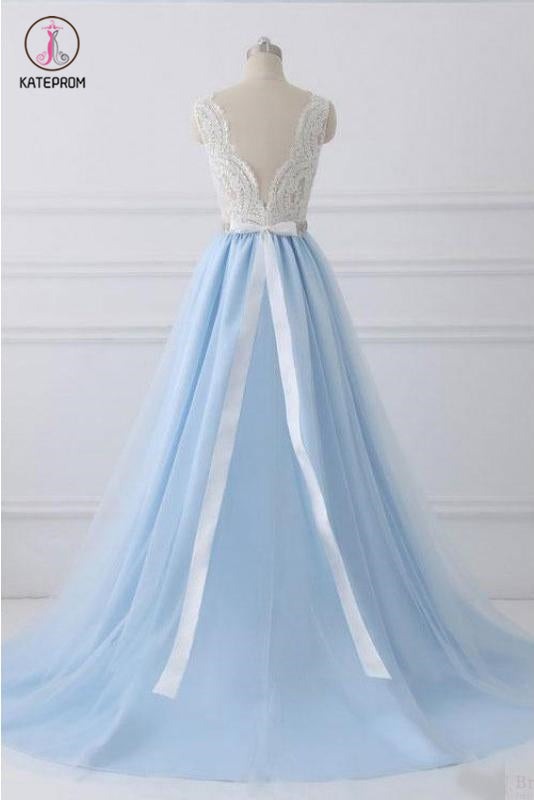 A Line V-neck Lace Appliques Bodice Long Prom Dresses,Elegant Prom Dress with Beads KPP0495