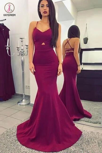 Amaranth Red Spaghetti Straps Mermaid Sweep Train Prom Dress with Criss Cross Back KPP0227